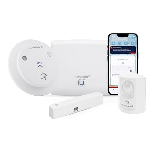 Homematic IPSmart Home Starter Set Alarm, digitaler Fenstersensorund Bewegungsmelder,kabellose Funk Innensirene mit App-Funktion warnt hörbar,sichtbar und per Push-Nachricht,153348A0