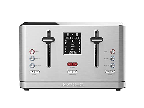 GASTROBACK #42396 Design Toaster Digital 4S, 4-Scheiben, intergrierter Brötchenaufsatz, 7 Toastprogramme, LCD-Countdown-Anzeige, 950 Watt, Edelstahlgehäuse, Silber