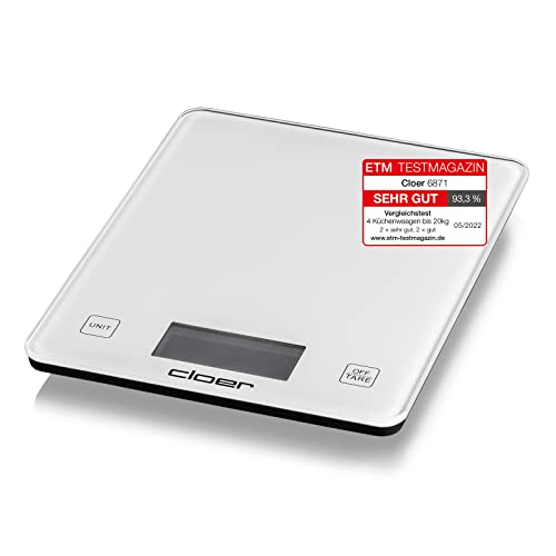 Cloer 6871 Digitale Küchenwaage für bis zu 10 kg, Zuwiegefunktion, Gewichtsmessung in 1 g Schritten, Mengenangabe in Gramm, Milliliter oder Unze möglich, Glasoberfläche, LCD-Display, weiß