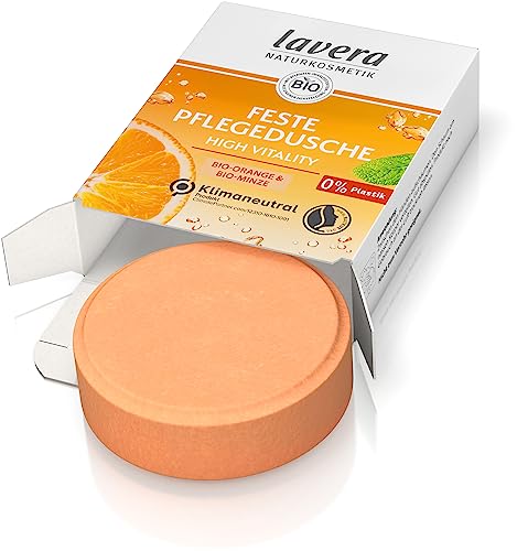 lavera, Feste Pflegedusche High Vitality mit BioOrange und BioMinze reinigt die Haut sanft ohne sie auszutrocknen 3x ergiebiger als flüssiges Duschgel Naturkosmetik Stk 50g, Weiß, Zitrus/Orange