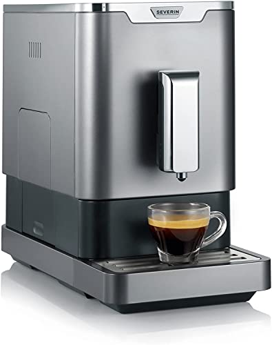 SEVERIN Kaffeevollautomat im Slim-Design, super leiser Kaffeeautomat mit Touch-Bedienung, Kaffeemaschine mit Mahlwerk und Heißwasser-Funktion, 1L, grau-metallic / schwarz, KV 8090