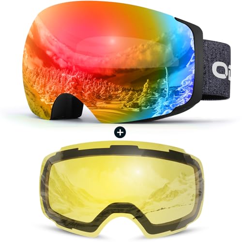 Odoland Skibrille Unisex für Damen und Herren Jungen Rahmenlose Snowboardbrille mit Magnetische Wechselglas UV-Schutz Anti-Nebel Schneebrille Helmkompatible Ski Goggles zum Skifahren Schwarz Rot