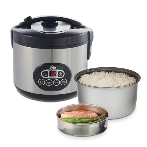 Solis Reiskocher Rice Cooker Duo Program - Reiskocher und Dampfgarer für 6 Tassen Reis - auch für Sushi Reis - Timer - Warmhaltefunktion - Inkl. Messbecher + Schöpflöffel - 1,2 L