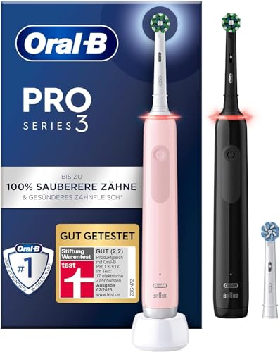Oral-B Pro 3 3900 Elektrische Zahnbürste/Electric Toothbrush, Doppelpack & 3 Aufsteckbürsten, mit 3 Putzmodi und visueller 360° Andruckkontrolle für Zahnpflege, Geschenk Mann/Frau, schwarz/pink