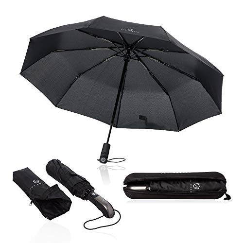 VON HEESEN® Regenschirm sturmfest bis 140 km/h - inkl. Schirm-Tasche & Reise-Etui - Taschenschirm mit Auf-Zu-Automatik, klein, leicht & kompakt, Teflon-Beschichtung, windsicher, stabil (Schwarz)