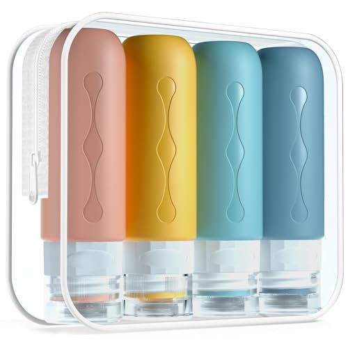 Gemice Silikon Reiseflaschen 90ml Set, 4 Stück auslaufsichere Reise Container und Reise Toilettenartikel Set, FDA zugelassene nachfüllbare Flüssigkeitsbehälter für Shampoo Creme Spülung Körperpflege