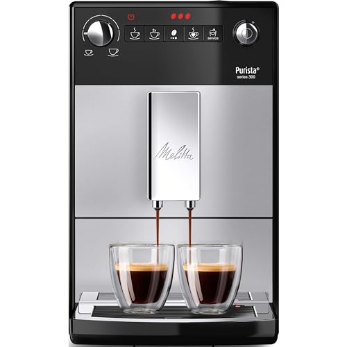 Melitta Purista - Kaffeevollautomat mit Lieblingskaffee-Funktion, Kaffeemaschine mit Mahlwerk und 5-stufig verstellbarem Mahlgrad, für Kaffee und Espresso, silber/schwarz