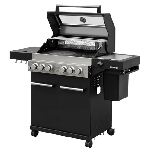 FEUERGOTT Gas-Grillstation Hektor 4B-S inkl. Abdeckhaube 4-Brenner-Gasgrill + Seitenkocher & Infrarotbrenner 22,2 kW-Grillwagen mit Unterschrank und Rädern Schwarz/Silber 60020