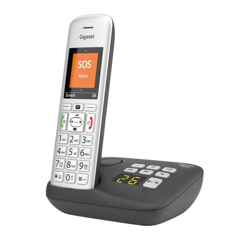 Gigaset E390A - Schnurloses Senioren DECT-telefon für Senioren mit Anrufbeantworter, großes Farbdisplay, SOS-Notruffunktion mit 4 Rufnummern, 2 Akustik-Profile, beleuchtete Tasten, Silber/Schwarz