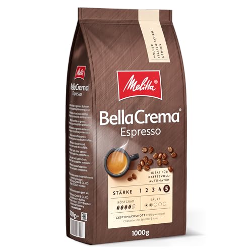Melitta BellaCrema Espresso Ganze Kaffee-Bohnen 1kg, ungemahlen, Kaffeebohnen für Kaffee-Vollautomat, kräftige Röstung, geröstet in Deutschland, Stärke 5
