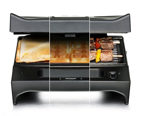 ROMMELSBACHER Multi Toast & Grill SWG 700 'Max' - 3 antihaftbeschichtete Wechselplatten für Sandwiches, Belgische Waffeln, Gegrilltes, 700 Watt, schwarz/edelstahl
