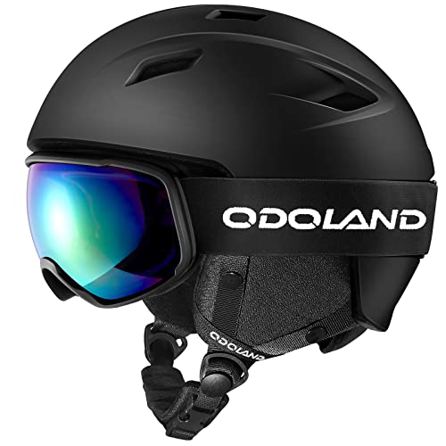 Odoland Skihelm und Skibrille Set Snowboardhelm mit Snowboardbrille für Erwachsene, Schneebrille UV 400 Schutz Windwiderstand Snowboard Brille zum Skifahren Bergsteigen Schwarz M