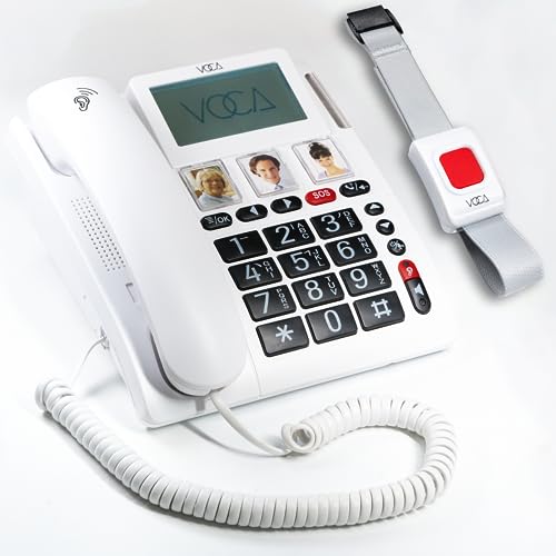 VOCA 4G Seniorentelefon mit Funk-Notruf-Sender, schnurgebundenes Festnetztelefon und Halsbandsender, großen Tasten, Adapterstecker, hörgerätekompatibel, CP140