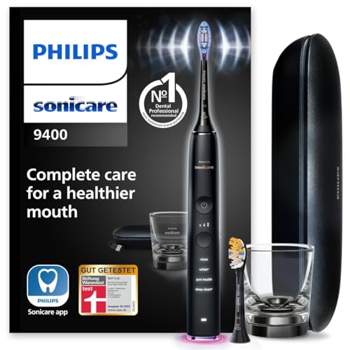 Philips Sonicare DiamondClean Smart 9400 elektrische Zahnbürste, Schallzahnbürste mit App, Drucksensor, Bürstenkopferkennung, 4 Putzmodi und 3 Intensitätsstufen, Schwarz, Modell HX9917/89