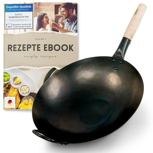 pasoli handgehämmerter Wok + gratis Rezepte eBook - voreingebrannt - traditionelle Asiapfanne - Bratwok aus Carbonstahl - induktionsgeeignete Wokpfanne - Durchmesser 30 cm