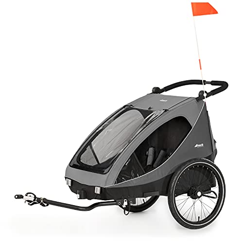 hauck 2in1 Fahrradanhänger & Buggy für 2 Kinder ab 6 Monaten bis 120 cm oder 22 kg Dryk Duo inkl. Deichsel, Kupplung, Buggyrad, Wimpel & Rücklicht, Zusammenklappbar, XL Kofferraum (Grey)