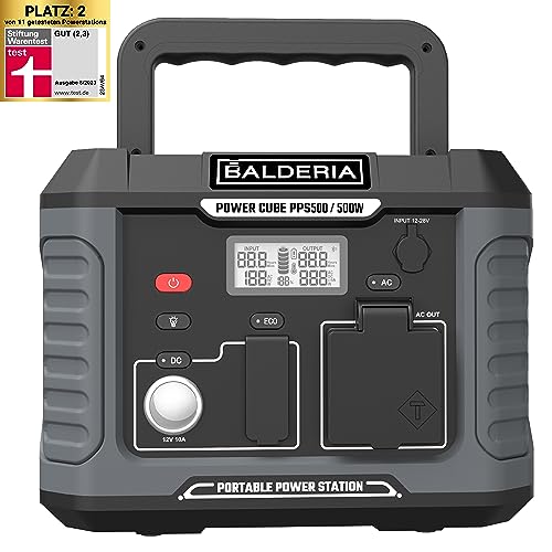 BALDERIA Outdoor Power Cube 500W | Tragbare Powerstation 400Wh | Mobiler Stromspeicher mit Steckdose 230V, AC USB, Flashlight, LED, Wireless Charger & LCD-Display | Strom für Camping, Notfall & Boot