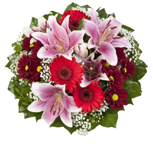 Dominik Blumen und Pflanzen, Blumenstrauß "Charlotte" mit rosa Lilien, Chrysantheme, Gerbera und Schleierkraut