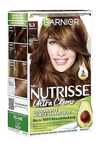 Garnier Nutrisse Dauerhafte Pflege-Haarfarbe mit nährenden Fruchtölen, Coloration mit 8 Wochen Halt, Ultra Crème Tönung, 053 Samtbraun