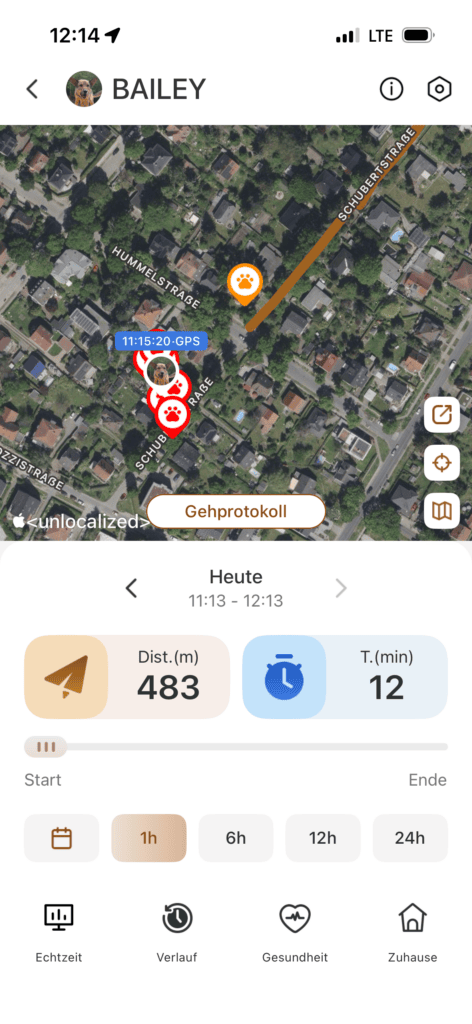 Gehprotokoll des MOVA SureTrack Pro mit Strecke und Dauer